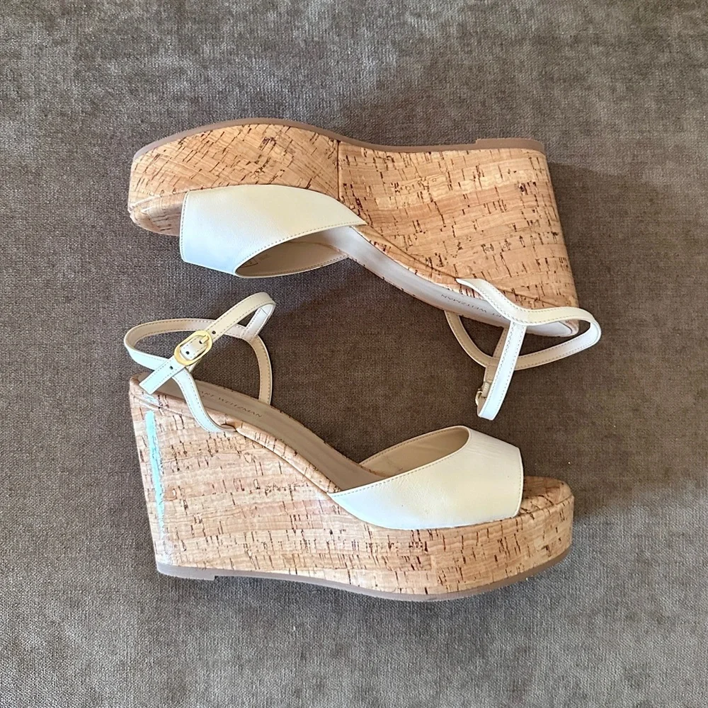 Stuart Weitzman Beige Leather Buckle Strappy Wedge Sandals Women EU 39 US 9 - Picture 2 of 12